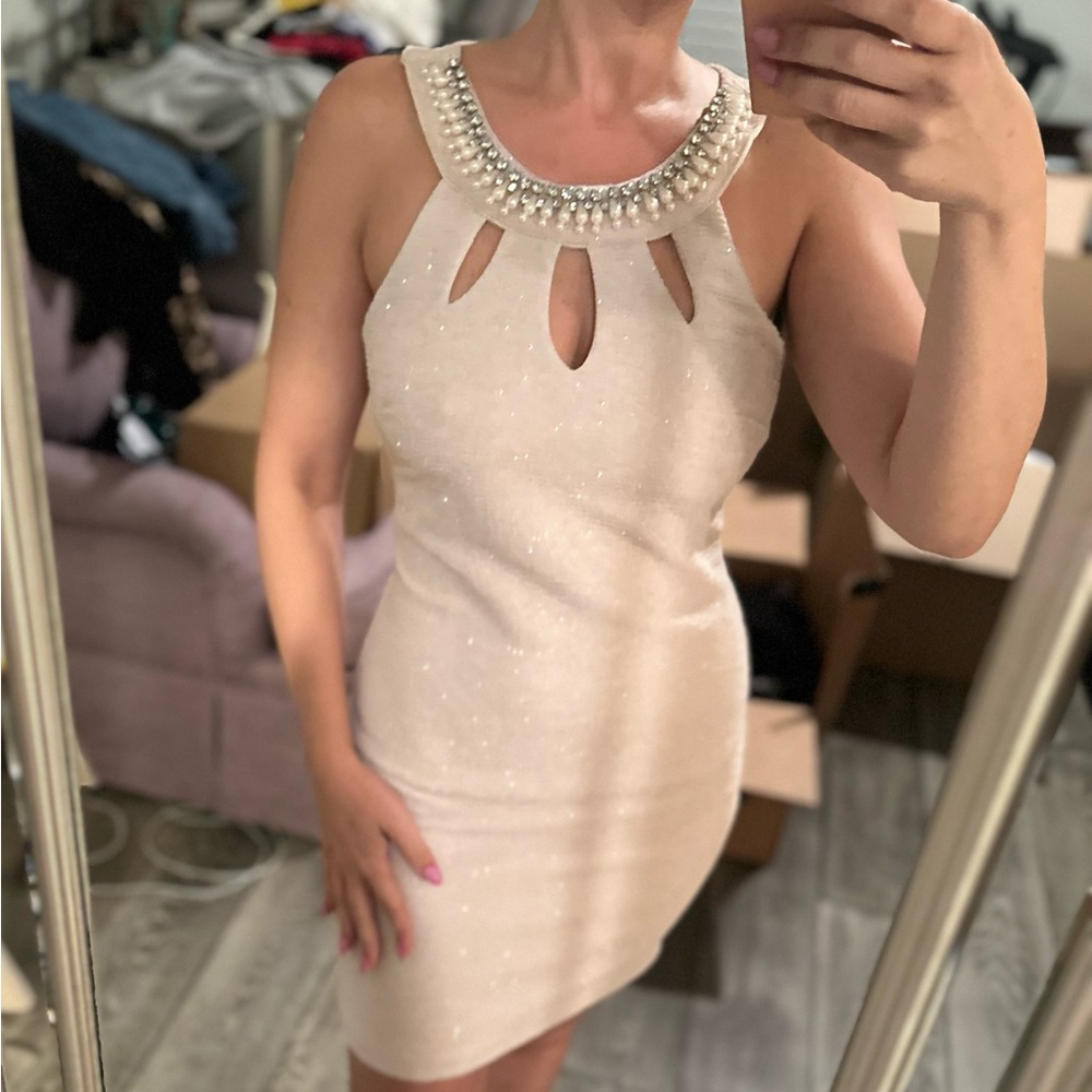 White Mini Halter Dress With Faux Pearl & Rhinestone Neckline
